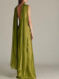 Elegant Satin Halter Floor length Dress for Women Draped Scarf Detail Sleeveless Fitted Column Mermaid Evening Party Gown
