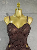 Women Dark Brown Spaghetti Strap Beaded Sequins Midi Dress Suitable for Formal Dinners, Cocktail Parties, Guests and Party