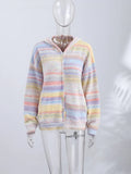 Women Rainbow Stripe Hooded Knit Cardigan Zip Front Drop Shoulder Side Pocket Loose Jacket Multicolor Textured Casual Daily Wear