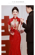New Chinese Style Dresses Elegant Mermaid Cheongsams Embroider Phoenix Mesh Sequins Qipao Bridal Wedding Dress Luxury Vestidos