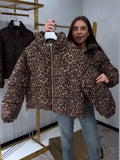 Women Leopard Print Puffer Jacket Stand Collar Zip‑Up Drawstring Hem Loose Short Warm Winter Padded Side Pockets Coat Outerwear