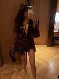 Elegant Flora Painted Ruffle Mini Dress Women Chic Full Sleeve Deep V-neck Slim A-line Short Robe 2026 Lady Vacation Street Gown