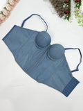 Sexy Denim Women's Corset Top Slim V-neck Sleeveless Backless Buttons Sling Vest 2026 Summer Lady Chic All-match Bustier