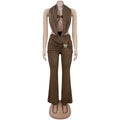 Women's Ruched Pant Set Brown Halter Crop Top And Flared Trouser Two-Piece Set Elegant V-neck Design Cut-Out Club Outfits