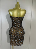 Women Sparkly Rhinestones Sexy Strapless Mesh See Through Mini Dress Birthday Party Evening Cocktail Dress Nightclub Stage Wear