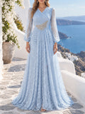 Fashion V Neck Lace Long Puff Sleeve Floor Length Dress for Women Ruched Waist Rhinestone Decoration for Banquet Gala Event