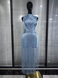 Pink Skyblue Women Sexy O-Neck Bodycon Bandage Long Tassels Gowns Dress Elegant Evening Party Birthday Homecoming Outfit