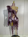 Luxury Diamonds Birthday Evening Party Bar Nightclub Stage Costume Sexy Purple One Shoulder Mesh See Through Bodycon Mini Dress