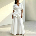 V Neck Puff Short Sleeve Maxi for Dress Women Ruched Fitted Waist Tiered Double Ruffle Hem for Summer Daily Party Occasion