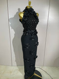 Women Black Red Beaded Flower Mesh Patchwork Long Bandage Dress Celebirty Elegant Prom Evening Club Party Birthday Dresses