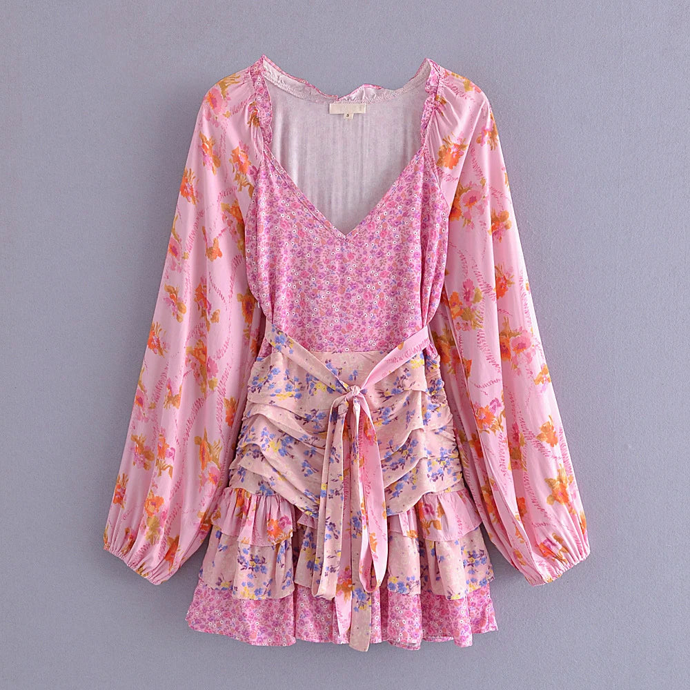 Hit Color Slimming Dresses for Women V Neck Long Sleeve High Waist Temperament Mini Dress Female Fashion