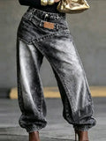 Women High Waist Wide Leg Jeans Layered Washed Asymmetrical Hip Hop Streetwear Summer