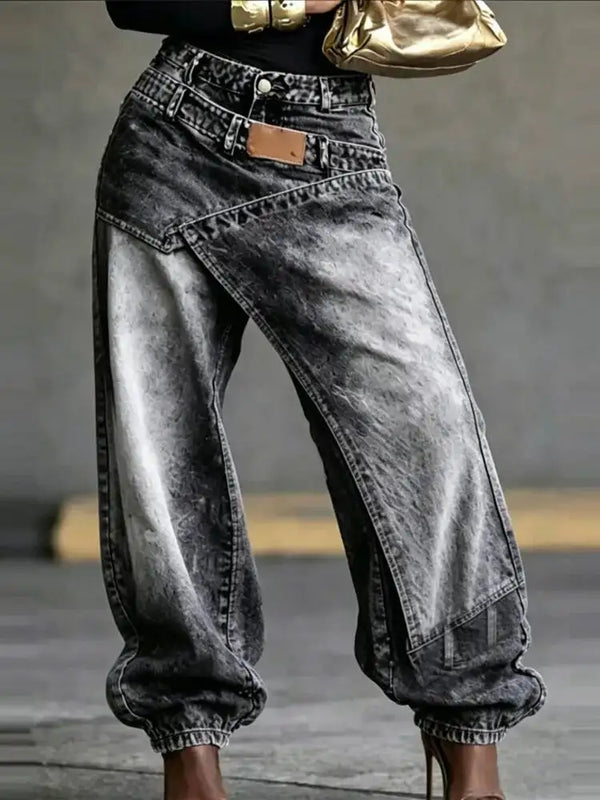 Women High Waist Wide Leg Jeans Layered Washed Asymmetrical Hip Hop Streetwear Summer