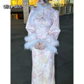 Autumn and Winter Thick Style Gentle Wool Cheongsam Dress Qipao Dress Pink Flower High-end Women'sTraditional Chinese Clothing