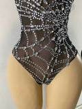 Women Sexy Sparkly Rhinestone Halter Mesh See Through Bodysuit Nightclub Performance Dance Costume Singer Stage Wear