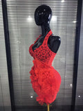 Red Color Women Sexy Halter Backless Shining Crystal Bodycon Mini Bandage Dress Celebrate Evening Party Christmas Clothing