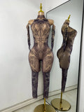 Sparkly Crystals Women Sexy with Sleeves Stretch Mesh See Through Jumpsuit Nightclub Stage Wear Performance Dance Costume