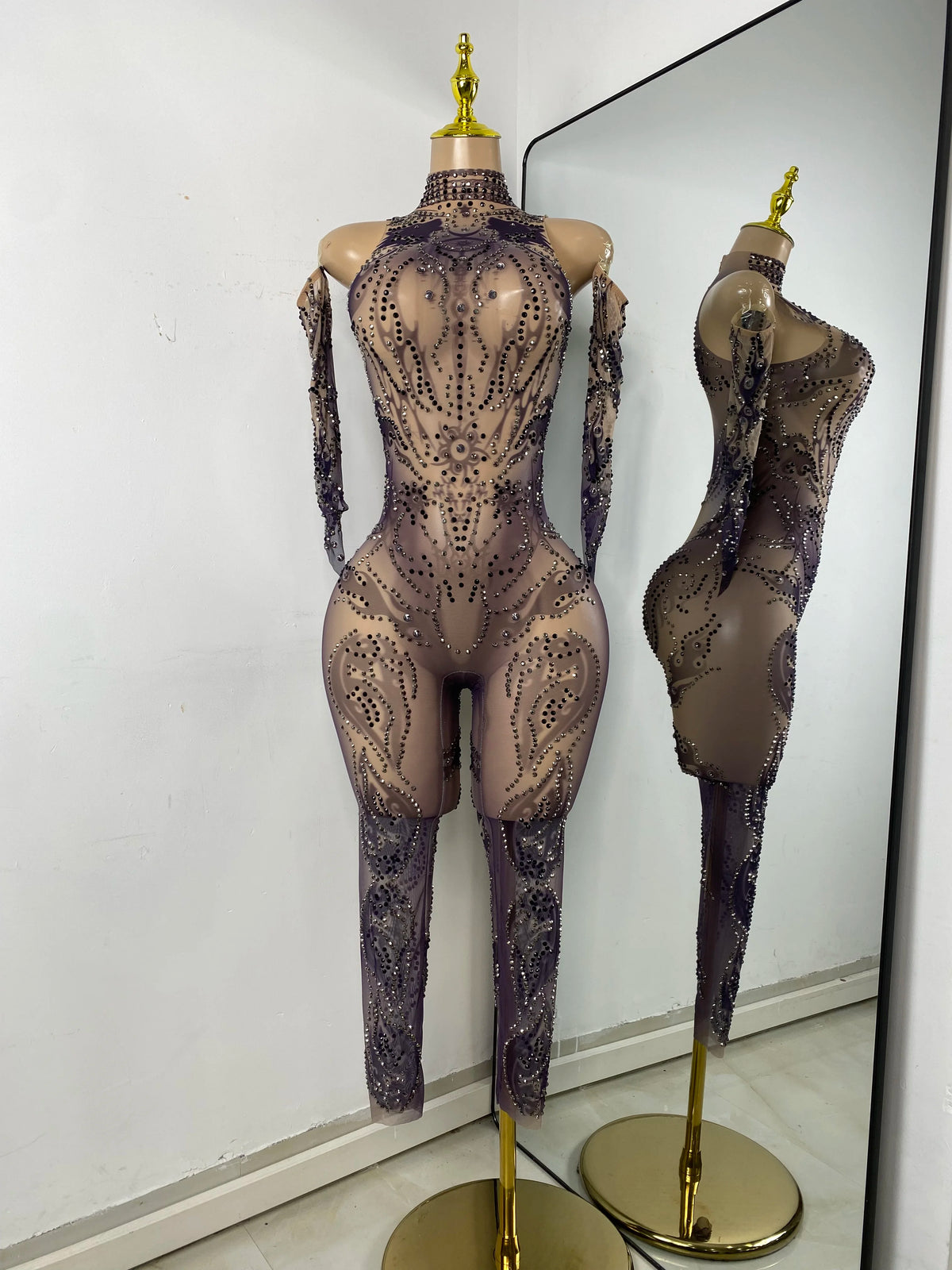 Sparkly Crystals Women Sexy with Sleeves Stretch Mesh See Through Jumpsuit Nightclub Stage Wear Performance Dance Costume