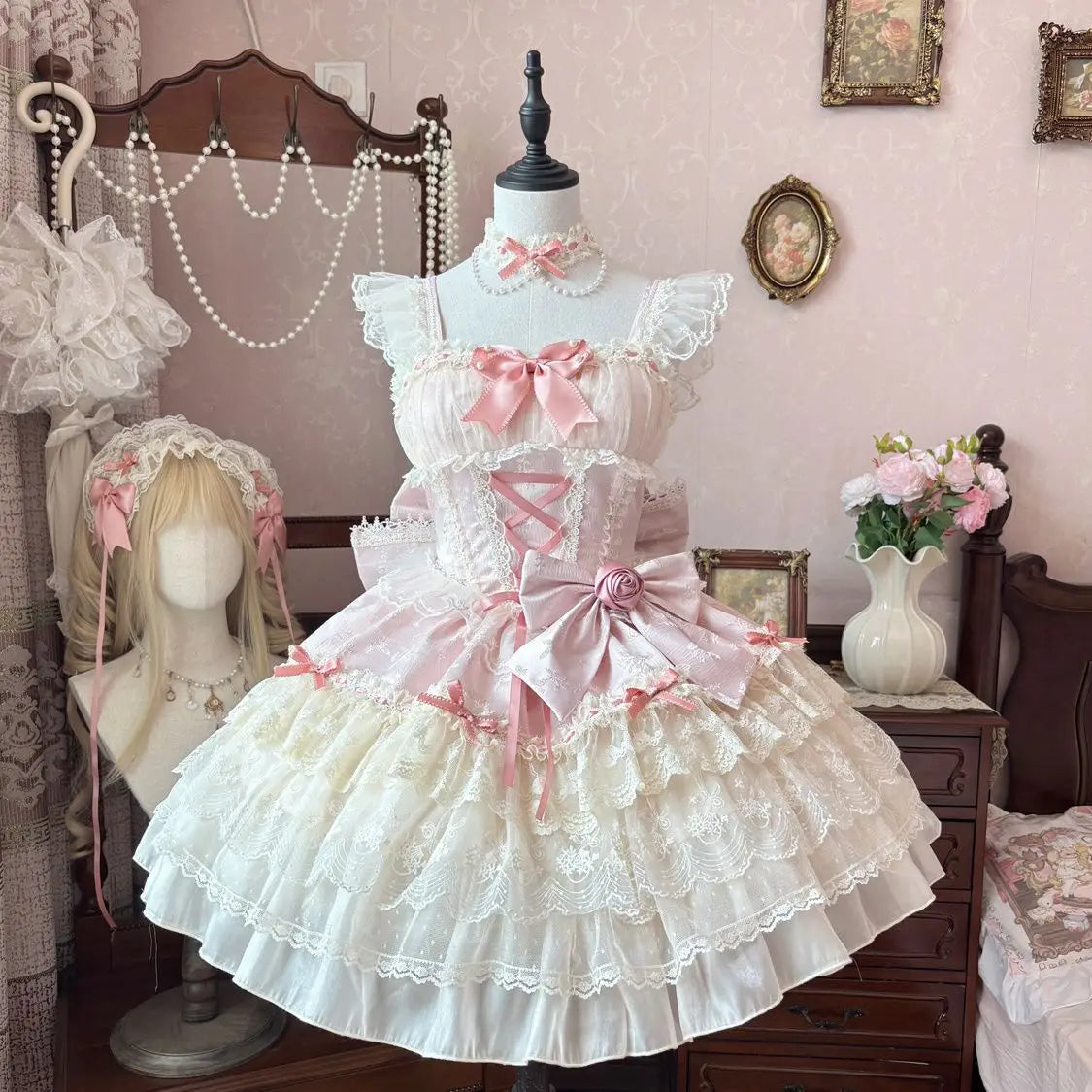 Olivegirl 2026 Kawaii Lolita Dress Women Fashion Design Slim Sling Bow Lovely Princess Dresses Sweet Lace Patchwork Pink Girl