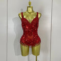 Luxury Sparkly Rhinestone Sequins Tassel Mesh Bodysuits Women Celebrate Eveing Birthday Party Nightclub Bar Dencer Stage Costume