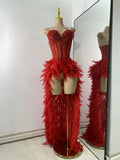 Women Sexy Straplss Crystals Diamonds Feather Luxury Party Dress Designer Mesh Transparent Performance Stage Outfit