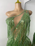Luxury Crystals Diamonds Evening Party Dress Women Sexy Halter See Through Mesh Birthday Gowns Nightclub Singer Stage Wear