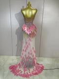 Luxury Sparkly Diamonds Pearls Strapless Mesh Maxi Dress Elegant Eveing Birthday Party Sexy Nightclub Performance Stage Costume
