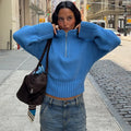 Women Half Zip Mock Neck Cropped Pullover Sweater Cable Knit Textured Waist-Cinching Street Y2K Autumn Winter Knitted Top