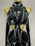 2025 Women Sparkly Diamonds Tassels Chain Balck Sexy Halter Backless Long Dress Evening Birthday Party Celebrate Stage Costume
