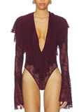 Sexy Club Burgundy Lace Plunge Bodysuit for Women Ruffled Design Long Flare Sleeves Slimming Bodysuits for Luxury Dinners