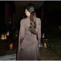 Irregular Brown Lace Uppleated Maxi Dresses Elegant Women's Full Sleeve Slim Fit Patchwork Robes 2025 New Evening Party Gowns