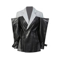 Pu Leather Patchwork Contrasting Design Slim Suit Blazers For Women Notched Collar Long Sleeve Coats Female Clothes Style