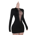 Hollow Shirring Sexy Dress Women Hipster Full Sleeve Coquette Midnight Party Clubwear Stretch Skinny Mini Bodycon