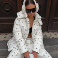 Women Floral Print Hooded Puffer Snow Suit Two Piece Outfit Thick Warm Winter Windproof Ski Jacket Wide Leg Pants Set Outdoor