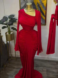Classic Banquet Dress+Scarf Women Irregular Collar Flare Sleeve Elegant Pleat Patchwork Evening Stretch Slim Bodycon