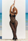 Women's Swimsuit Coverup Crochet Bikini Cover Ups Hollow Out Net Halter Sleeveless Swimwear for Beach 3 Pieces Long Dress
