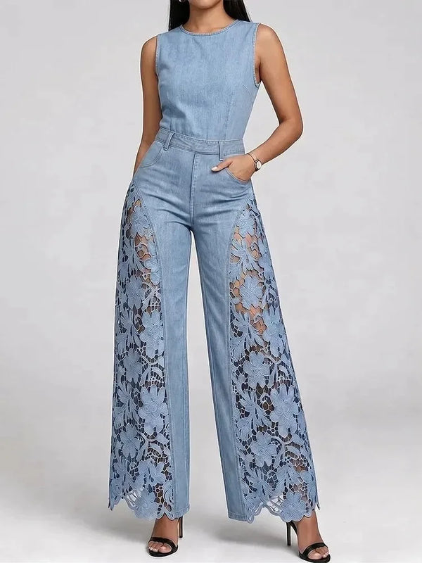 SHENGPALAE Women Sleeveless Round Neck Jumpsuit Lace Hollow Out Spliced Wide Leg Denim Elegant One Piece Outfit Autumn 2026 New