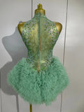 Women Birthday Party Costume Bar Nightclub Singer Sexy Stage Performance Outfit Sparkly Green Diamonds Mesh See Through Bodysuit