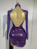 Sexy Mesh See Through Purple Long Sleeves Mini Dress Luxury Sparkly Diamond Birthday Evening Party Nightclub Team Stage Costume