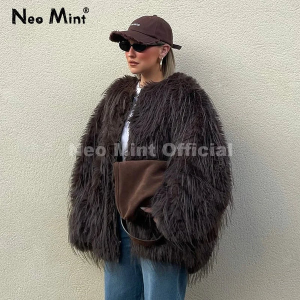 Ins Brand Fashion 2026 Winter Chocolate Brown Oversized Faux Fur Coat Women Fluffy Tassles Jacket Thick Chunky Overcoat