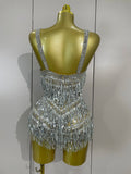 Luxury Sparkly Rhinestone Sequins Tassel Mesh Bodysuits Women Celebrate Eveing Birthday Party Nightclub Bar Dencer Stage Costume