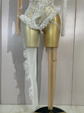 Women Eveing Birthday Party NightClub Dancer Stage Show Costumes Elegant White Pearl Long Sleeves Sexy Mesh See Through Jumpsuit