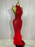 Luxury Sparkly Red Rhinestones Feather Sexy Mesh See Through Long Dress Women Birthday Evening Nightclub DJ Dancer Stage Costume