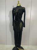 Women Sparkly Full Rhinestone Sequin Sheer Long Dress Sexy Fashion Club Party Birthday Nightclub Drag Queen Dancer Stage Costume