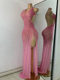 Luxury Rhinestones Pink Elegant Princess Long Dress Design Women Sexy Mesh Split Backless See Through Dresses For Special Events