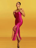 High Quality Fashion Fringe Rose Red Spaghetti Strap Long Dresses Women'S Tassel Celebrity Bandage Dress Prom Vestidos