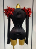 Women Sparkly Gold Rhinestone Black Velvet Long Sleeve Bodysuit Evening Party Club Gala Hosts Night Club Bar Stage Costumes