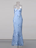 Hot Girl Blue Maxi Dresses for Women Square Collar Sleeveless Patchwork Embroidery Party Fishtail Dress Female New