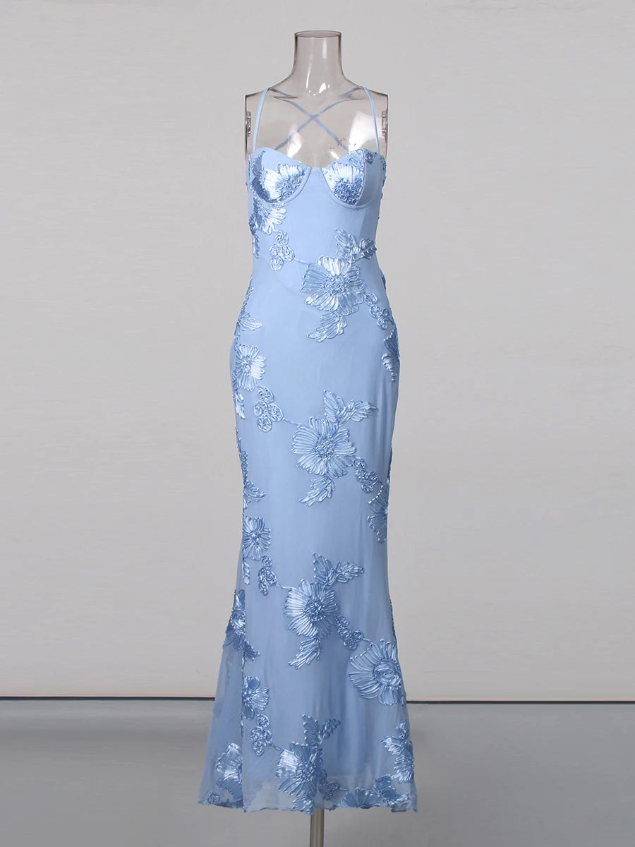 Hot Girl Blue Maxi Dresses for Women Square Collar Sleeveless Patchwork Embroidery Party Fishtail Dress Female New