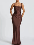 Sexy Satin Evening Long Dresses for Women Square Collar Sleeveless High Waist Folds Slimming Bodycon Dress Female